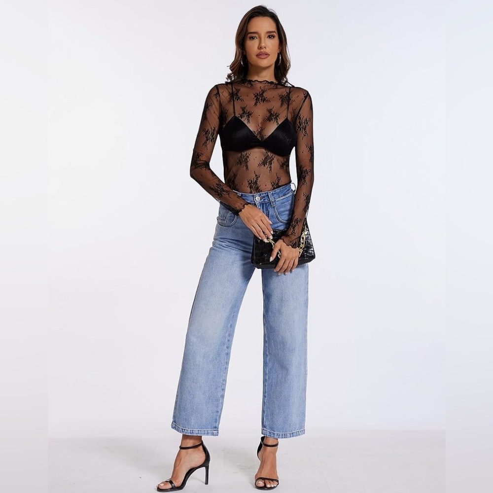 BLACK- Lace Sheer Mesh Mock & Crew Neckline Tops various sizes